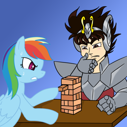 Size: 1000x1000 | Tagged: safe, artist:madmax, rainbow dash, human, pegasus, pony, crossover, female, jenga, male, saint seiya