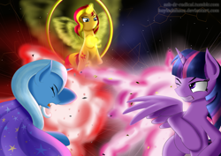 Size: 1980x1400 | Tagged: safe, artist:boyindahaus, derpibooru import, sunset shimmer, trixie, twilight sparkle, twilight sparkle (alicorn), alicorn, pony, unicorn, counterparts, explosion, fiery shimmer, fiery wings, fire, gundam, gundam uc, magic, magical trio, sunset phoenix, twilight's counterparts