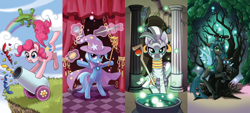 Size: 900x405 | Tagged: safe, artist:bartolomeus_, derpibooru import, pinkie pie, queen chrysalis, trixie, zecora, changeling, changeling queen, earth pony, pony, unicorn, zebra, female, mare, tarot, twilight scepter