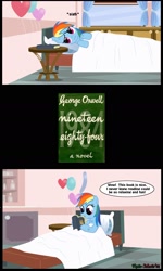 Size: 1407x2351 | Tagged: safe, rainbow dash, pegasus, pony, 1984, blue coat, female, mare, meme, multicolored mane, reading rainbow, solo