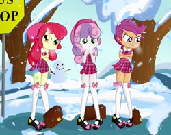 Size: 1217x960 | Tagged: safe, artist:ohohokapi, apple bloom, scootaloo, sweetie belle, equestria girls, :o, bag, breath, bus stop, clothes, cold, cutie mark crusaders, dress, frown, looking at you, mary janes, miniskirt, school uniform, schoolgirl, shivering, shoes, short dress, skirt, skirtaloo, snow, snowfall, snowman, socks, thigh highs, tomboy taming, tree, winter