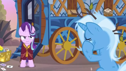 Size: 1280x720 | Tagged: safe, derpibooru import, screencap, starlight glimmer, trixie, pony, unicorn, road to friendship, angry, clothes, crying, duo, duo female, female, gritted teeth, hoo'far's wagon, low quality, mare, messy mane, robe, teary eyes, tree branch, wagon