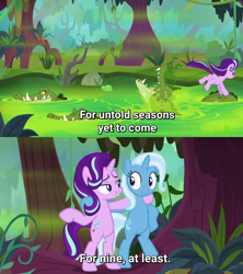 Size: 1470x1659 | Tagged: safe, derpibooru import, edit, edited screencap, screencap, starlight glimmer, trixie, crocodile, pony, unicorn, road to friendship, season 9, bipedal, breaking the fourth wall, debate in the comments, duo, duo female, female, fourth wall, glimmer glutes, harsher in hindsight, hilarious in hindsight, jumping, mare, plot, subtitles, swamp, we're friendship bound