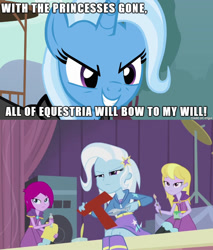 Size: 610x716 | Tagged: safe, derpibooru import, fuchsia blush, lavender lace, trixie, pony, equestria girls, rainbow rocks, background human, exploitable meme, female, human ponidox, image macro, meme, self ponidox, trixie and the illusions, trixie vs everyone meme, trixie yells at everything