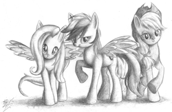 Size: 2132x1391 | Tagged: safe, artist:rileyblackfox, artist:rouletteobsidian, applejack, fluttershy, rainbow dash, earth pony, pegasus, pony, monochrome, pencil drawing, traditional art