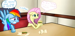 Size: 1695x815 | Tagged: safe, artist:verypen, fluttershy, rainbow dash, pegasus, pony, burger, food, hamburger, meat, ponies eating meat