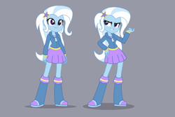 Size: 900x600 | Tagged: safe, artist:khuzang, derpibooru import, trixie, equestria girls, clothes, cute, diatrixes, grin, happy, simple background, skirt, smiling, smirk, solo