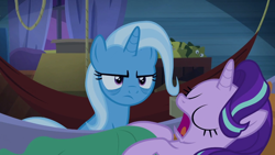 Size: 1280x720 | Tagged: safe, derpibooru import, screencap, starlight glimmer, trixie, pony, unicorn, road to friendship, angry, annoyed, duo, duo female, female, frustrated, hammock, irritated, mare, sleeping, snorelight glimmer, snoring, tired