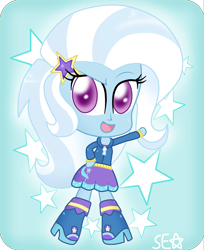 Size: 2556x3130 | Tagged: safe, artist:supererikastar, derpibooru import, trixie, equestria girls, chibi, cute, diatrixes, looking at you, open mouth, raised eyebrow, smiling, solo