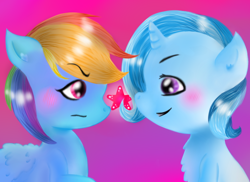 Size: 686x500 | Tagged: safe, artist:ukumi-chan, derpibooru import, rainbow dash, trixie, pegasus, pony, unicorn, blushing, female, lesbian, mare, shipping, trixdash