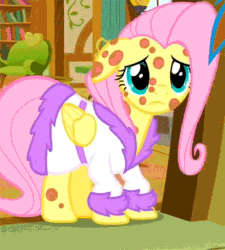Size: 398x442 | Tagged: safe, screencap, fluttershy, rainbow dash, pegasus, pony, hurricane fluttershy, animated, bathrobe, clothes, cropped, cute, floppy ears, fluttershy's cottage, pony pox, robe, sick, solo focus