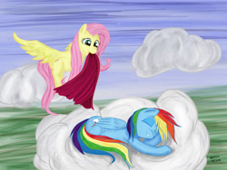 Size: 1024x771 | Tagged: safe, artist:ooklah, fluttershy, rainbow dash, pegasus, pony, cloud, cloudy, duo, eyes closed, sleeping