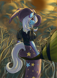 Size: 726x1000 | Tagged: safe, artist:pseudosharp, derpibooru import, trixie, anthro, broom, clothes, cloud, cloudy, dead tree, flying, flying broomstick, looking at you, looking back, sitting, skirt, smirk, solo, tree, witch