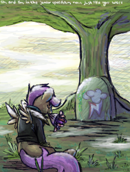 Size: 682x900 | Tagged: safe, artist:scootaloo, rainbow dash, scootaloo, pegasus, pony, clothes, female, grave, implied death, mare, sad, solo, tree