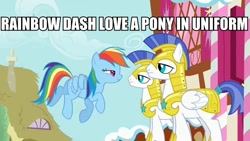 Size: 640x360 | Tagged: safe, edit, edited screencap, screencap, rainbow dash, pegasus, pony, a bird in the hoof, armor, guard, image macro, royal guard