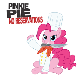 Size: 1200x1200 | Tagged: safe, artist:madmax, pinkie pie, earth pony, pony, anthony bourdain, chef, clothes, hat, knife, mouth hold, no reservations, parody, sad in hindsight, solo