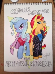 Size: 600x800 | Tagged: safe, artist:andypriceart, derpibooru import, sunset shimmer, trixie, pony, unicorn, clothes, jacket, leather jacket, traditional art