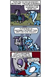 Size: 500x759 | Tagged: safe, artist:foudubulbe, derpibooru import, maud pie, trixie, pony, unicorn, comic:damp rocks, boop, comic, female, lesbian, mare, mauxie, noseboop, shipping, tsundere, yandere