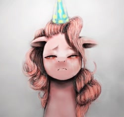 Size: 585x555 | Tagged: safe, artist:jcharlesmachiavelli, pinkie pie, pony, crying, hat, party hat, sad