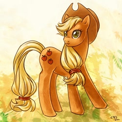 Size: 1200x1200 | Tagged: safe, artist:katiramoon, applejack, earth pony, pony, applejack's hat, blonde, blonde mane, blonde tail, female, green eyes, mare, orange coat, solo