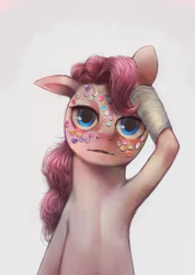 Size: 534x750 | Tagged: dead source, safe, artist:crookedtrees, pinkie pie, earth pony, pony, button, buttons, tired