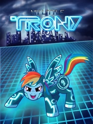 Size: 768x1024 | Tagged: safe, artist:madmax, rainbow dash, pegasus, pony, city, clothes, cosplay, costume, grid, movie poster, parody, tron, tron legacy