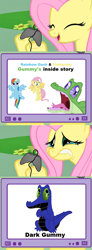 Size: 562x1534 | Tagged: safe, fluttershy, gummy, rainbow dash, pegasus, pony, controller, exploitable meme, eyes closed, female, fluttercry, gamershy, happy, hoof hold, lip bite, mare, mario, mario & luigi, mario & luigi: bowser's inside story, meme, open mouth, parody, pink mane, screen, smiling, super mario bros., teary eyes, teeth, tv meme, yellow coat