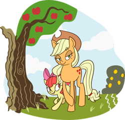 Size: 600x579 | Tagged: safe, artist:grendel-the-monster, apple bloom, applejack, earth pony, pony, blonde hair, female, filly, mare, orange coat, red mane, sisters