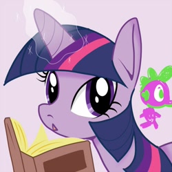 Size: 500x498 | Tagged: safe, artist:zukicure5gogo, derpibooru import, spike, twilight sparkle, dragon, book, simple background