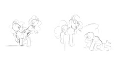 Size: 1400x700 | Tagged: safe, artist:envy, pinkie pie, earth pony, pony, birthing, budding, clone, female, mare, mitosis, monochrome, sketch