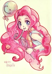 Size: 380x539 | Tagged: safe, artist:kerriwon, pinkie pie, balloon, humanized, lollipop, party horn, solo, traditional art