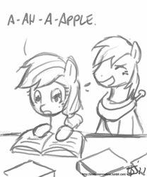 Size: 667x800 | Tagged: safe, artist:johnjoseco, applejack, big macintosh, earth pony, pony, book, filly, foal, grayscale, illiteracy, male, monochrome, reading, stallion