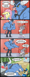 Size: 700x1800 | Tagged: safe, artist:madmax, fluttershy, iron will, minotaur, pegasus, pony, unicorn, broken back, comic, cuffs, gandalf, handcuffed, hat, lord of the rings, mr. t, police officer, staff, wizard hat, wizard robe, you shall not pass