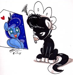 Size: 1067x1102 | Tagged: safe, artist:newyorkx3, princess luna, oc, oc:tommy junior, alicorn, pony, bonnet, pacifier, traditional art, wingding eyes