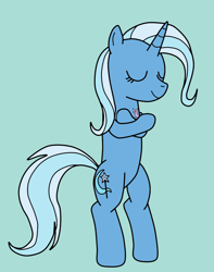 Size: 750x950 | Tagged: safe, alternate version, artist:icey-wicey-1517, artist:sutekh94, color edit, derpibooru import, edit, trixie, pony, unicorn, bipedal, blue background, colored, eyes closed, female, hug, mare, plushie, simple background, solo