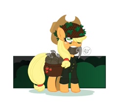 Size: 700x603 | Tagged: safe, artist:greenwiggly, applejack, earth pony, pony, bush, camouflage, clothes, cutie mark, female, grenade, grenades, hat, helmet, mouth hold, saddle bag, simple background, solo, uniform, weapon