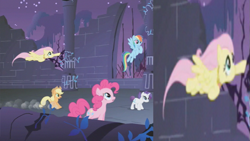 Size: 853x480 | Tagged: safe, screencap, applejack, fluttershy, pinkie pie, rainbow dash, rarity, earth pony, pegasus, pony, unicorn, friendship is magic, animation error, castle of the royal pony sisters, element of kindness