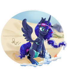 Size: 600x654 | Tagged: safe, artist:nekoi-echizen, princess luna, alicorn, pony, beach, bikini, blushing, clothes, diving goggles, goggles, sitting, solo, spread wings, swimming goggles, swimsuit, water