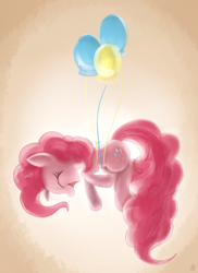 Size: 2000x2750 | Tagged: safe, artist:teknibaal, pinkie pie, earth pony, pony, balloon, eyes closed, female, happy, high res, mare, open mouth, profile, smiling, solo, then watch her balloons lift her up to the sky