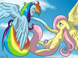 Size: 1600x1200 | Tagged: safe, artist:tomat-in-cup, fluttershy, rainbow dash, pegasus, pony, blushing, cloud, duo, female, flutterdash, holding hooves, lesbian, shipping, signature