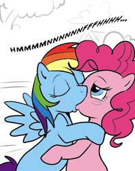 Size: 328x415 | Tagged: safe, artist:madmax, pinkie pie, rainbow dash, earth pony, pegasus, pony, colored, comic, eyes closed, female, kissing, lesbian, pinkiedash, shipping, wingboner