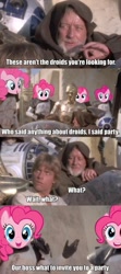 Size: 428x960 | Tagged: safe, pinkie pie, earth pony, pony, c-3po, clones, crossover, luke skywalker, obi wan kenobi, r2-d2, star wars, stormtrooper