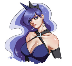 Size: 600x553 | Tagged: safe, artist:scarletdesires, princess luna, human, bedroom eyes, breasts, cleavage, clothes, dress, earring, evening gloves, female, gloves, horned humanization, humanized, looking at you, piercing, princess balloona, smiling, solo