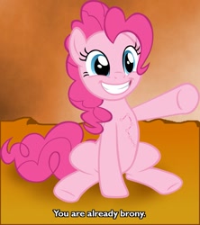 Size: 887x1000 | Tagged: safe, pinkie pie, earth pony, pony, big dipper, brony, crossover, grin, hokuto no ken, kenshiro, pointing, scar, sitting, smiling, underhoof, welcome to the herd, you are already dead