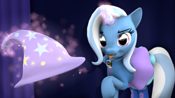 Size: 1024x576 | Tagged: safe, artist:okimichan, derpibooru import, trixie, pony, 3d, clothes, equestria girls outfit, hat, magic, solo, tongue out, trixie's hat