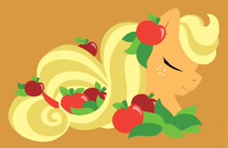 Size: 1500x975 | Tagged: safe, artist:raygirl, part of a set, applejack, earth pony, pony, apple, bust, eyes closed, female, food, hooves, lineless, mare, minimalist, modern art, orange background, portrait, profile, simple background, solo, wallpaper