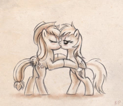 Size: 800x688 | Tagged: safe, artist:kp-shadowsquirrel, applejack, rainbow dash, earth pony, pegasus, pony, appledash, blushing, female, kissing, lesbian, monochrome, shipping