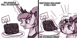 Size: 750x369 | Tagged: safe, artist:lumineko, princess luna, alicorn, pony, 30 minute art challenge, age regression, cake, comic, cute, dreamluna, eating, filly, food, it's a trap, levitation, magic, monochrome, poison joke, pomf, solo, telekinesis, woona