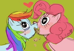 Size: 900x616 | Tagged: safe, artist:emmy, pinkie pie, rainbow dash, earth pony, pegasus, pony, female, kissing, lesbian, mare, parody, pinkiedash, shipping