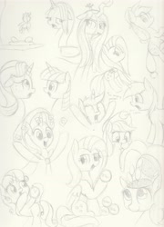 Size: 2464x3424 | Tagged: safe, artist:taurson, derpibooru import, applejack, fluttershy, pinkie pie, queen chrysalis, starlight glimmer, sweetie belle, trixie, twilight sparkle, changeling, changeling queen, earth pony, pegasus, pony, unicorn, atg 2018, floppy ears, messy mane, newbie artist training grounds, pencil drawing, sketch, traditional art